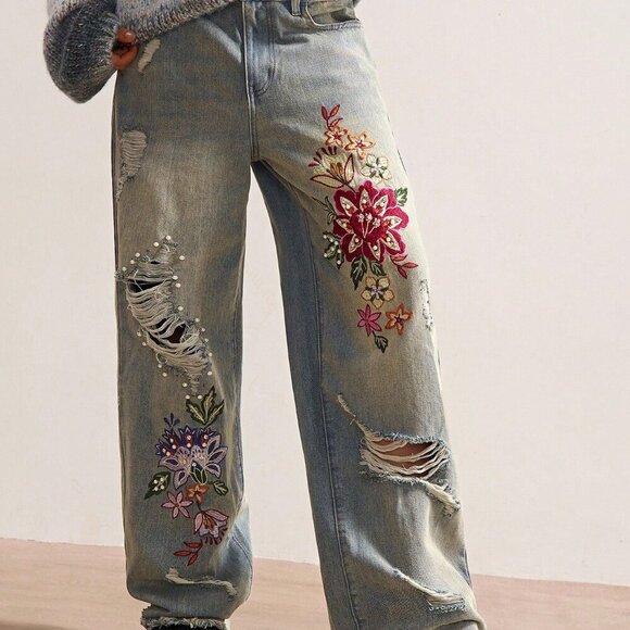 Casual Women's Boho Woven Embroidered Beaded detailed Jeans - Picture 6 of 8